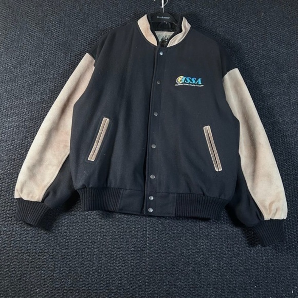 Burks Bay Mens XL Black Tan Wool‎ Leather Sleeve Letterman Bomber Jacket